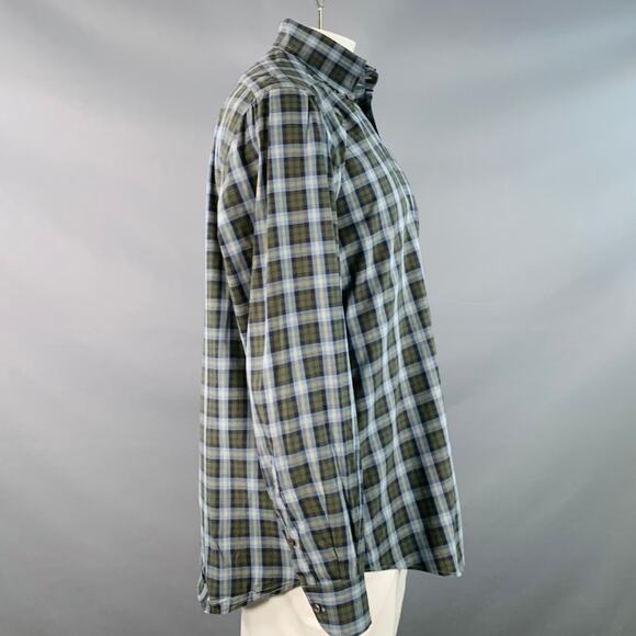 LUCIANO BARBERA Size 44 Blue Olive Plaid Cotton One Pocket Long Sleeve Shirt - Picture 3 of 7
